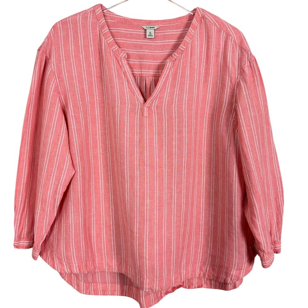 L.L.Bean Shirt Petite XL Coral Pink White Stripe Linen 3/4 Sleeve Tunic Top